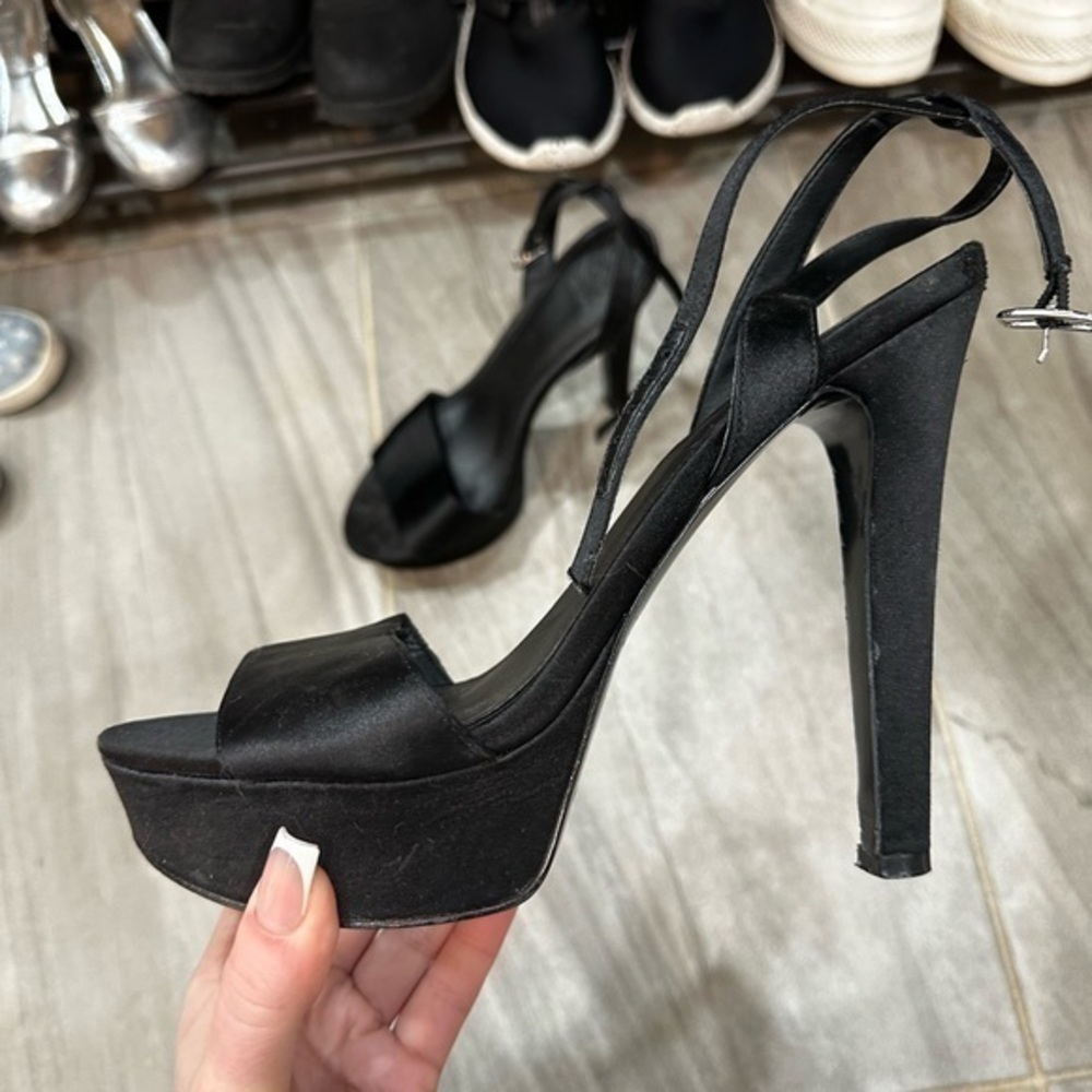 GUESS Black Satin High Heel Platform Sandals